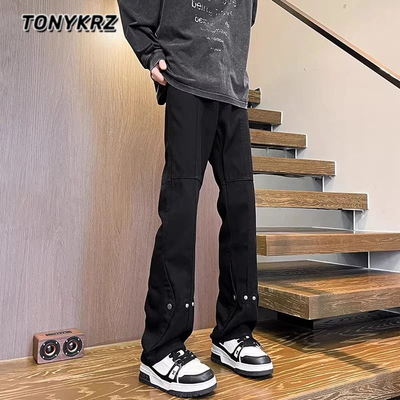 TONYKRZ美式机能牛仔裤男女高街微喇裤潮宽松黑色直筒排扣休闲裤