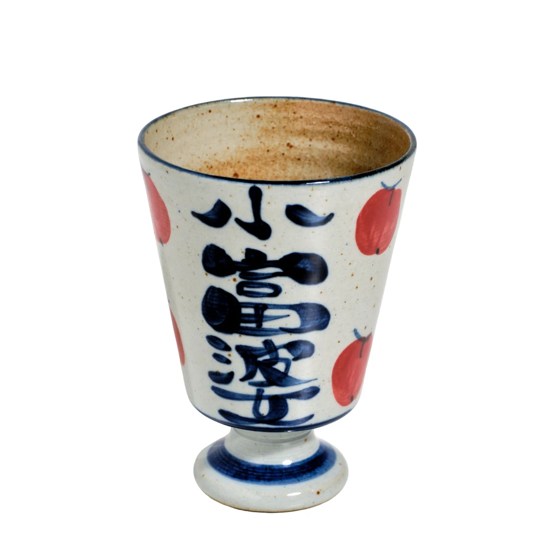 创意手绘高脚杯复古粗陶釉下彩手握马克杯咖啡杯