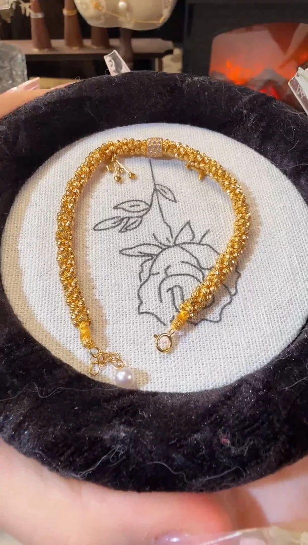 18K金镶嵌手绳淡水珍珠爆闪满钻编织手链