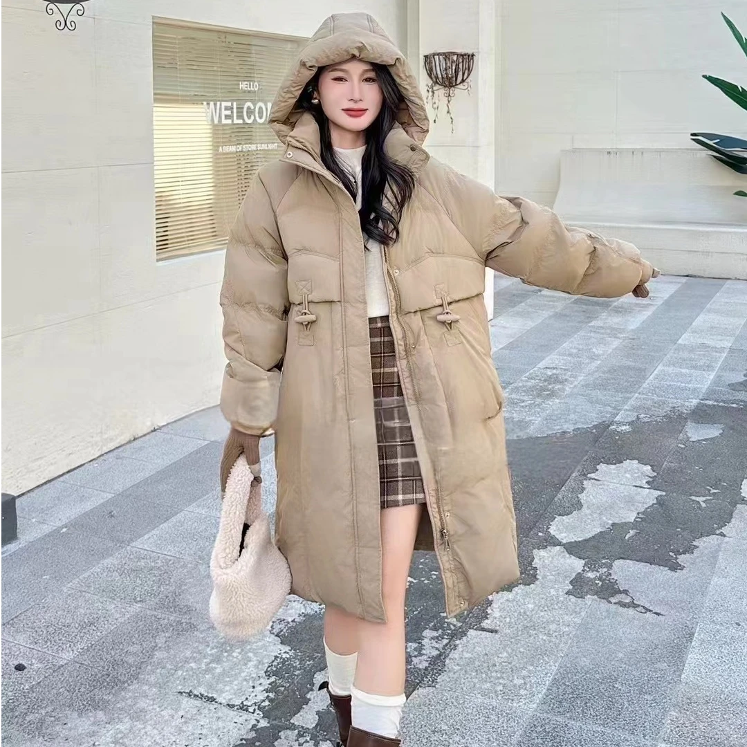 二粒扣斜口袋韩版女外套羽绒中长款显瘦气质冬季加厚外套连帽百搭