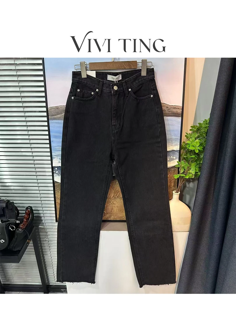 【VIVI·TING】婷姐推荐时尚黑灰色一粒扣直筒下磨毛边牛仔裤k261