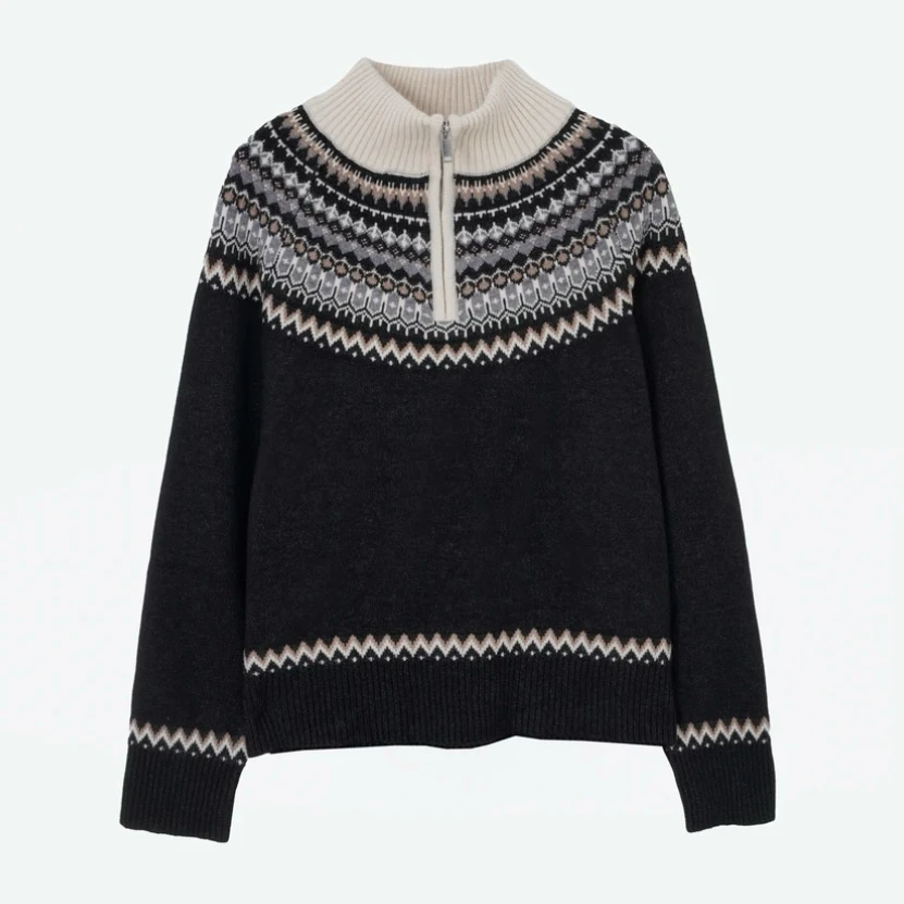 【工厂专属】女装24新款费尔岛提花半拉链套头时尚气质百搭长袖针织