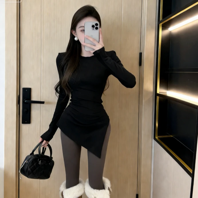 不规则开叉打底T恤女秋冬新款独特褶皱收腰修身显瘦内搭长袖上衣