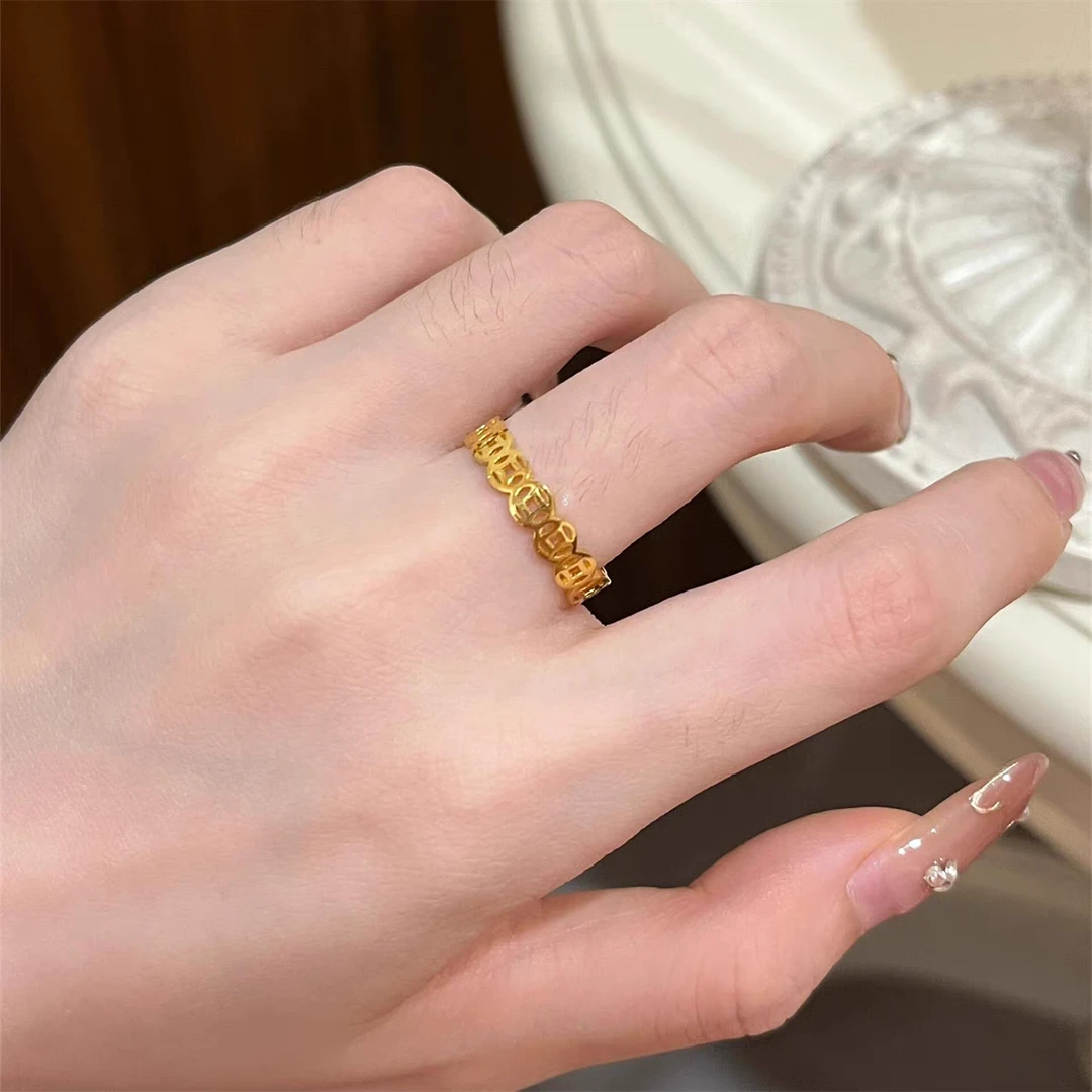 钛钢戒指  暴富铜钱戒指女复古新中式招开口指环