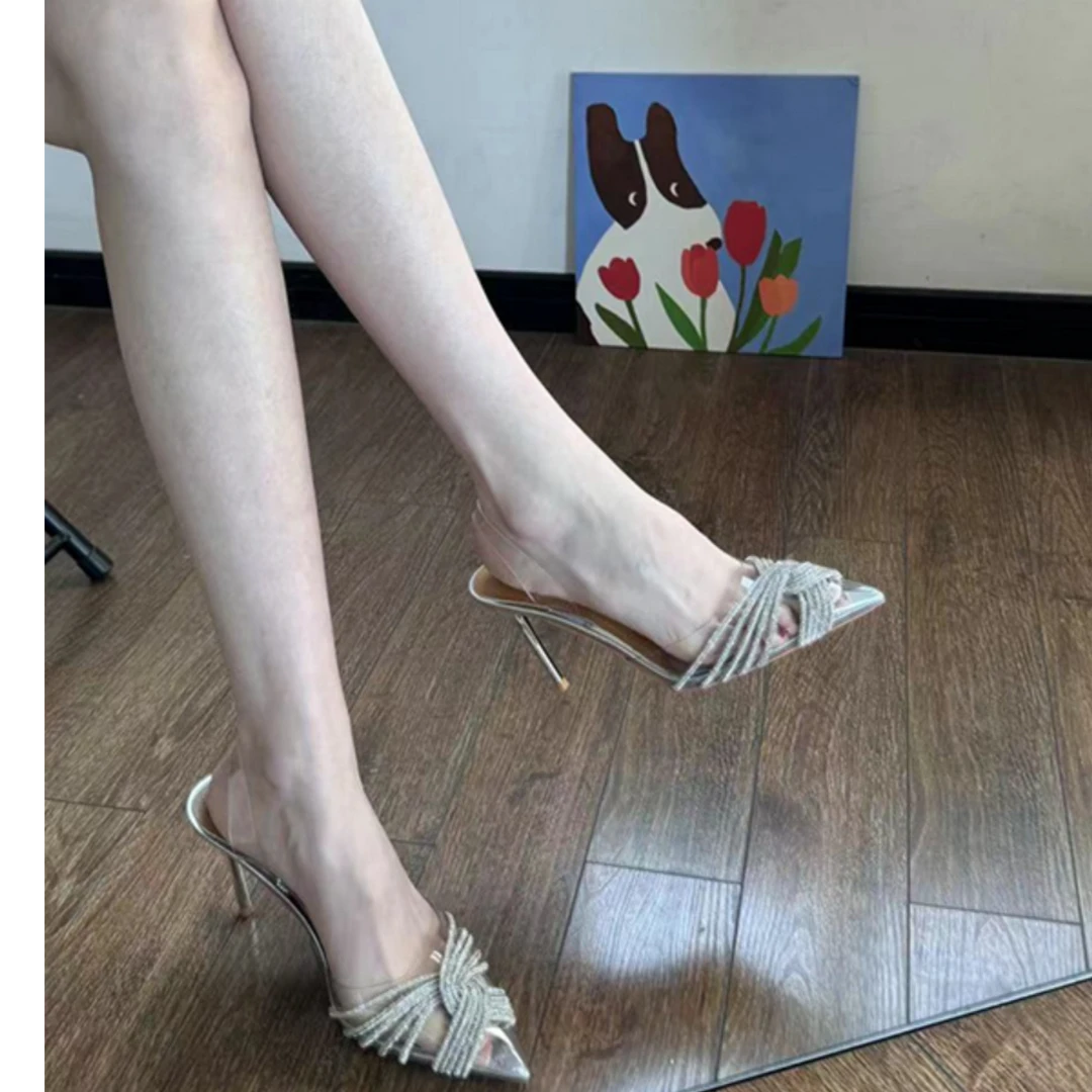 【TOKHO】水钻透明凉鞋尖头半拖性感水晶高跟鞋凉拖细跟拖鞋女