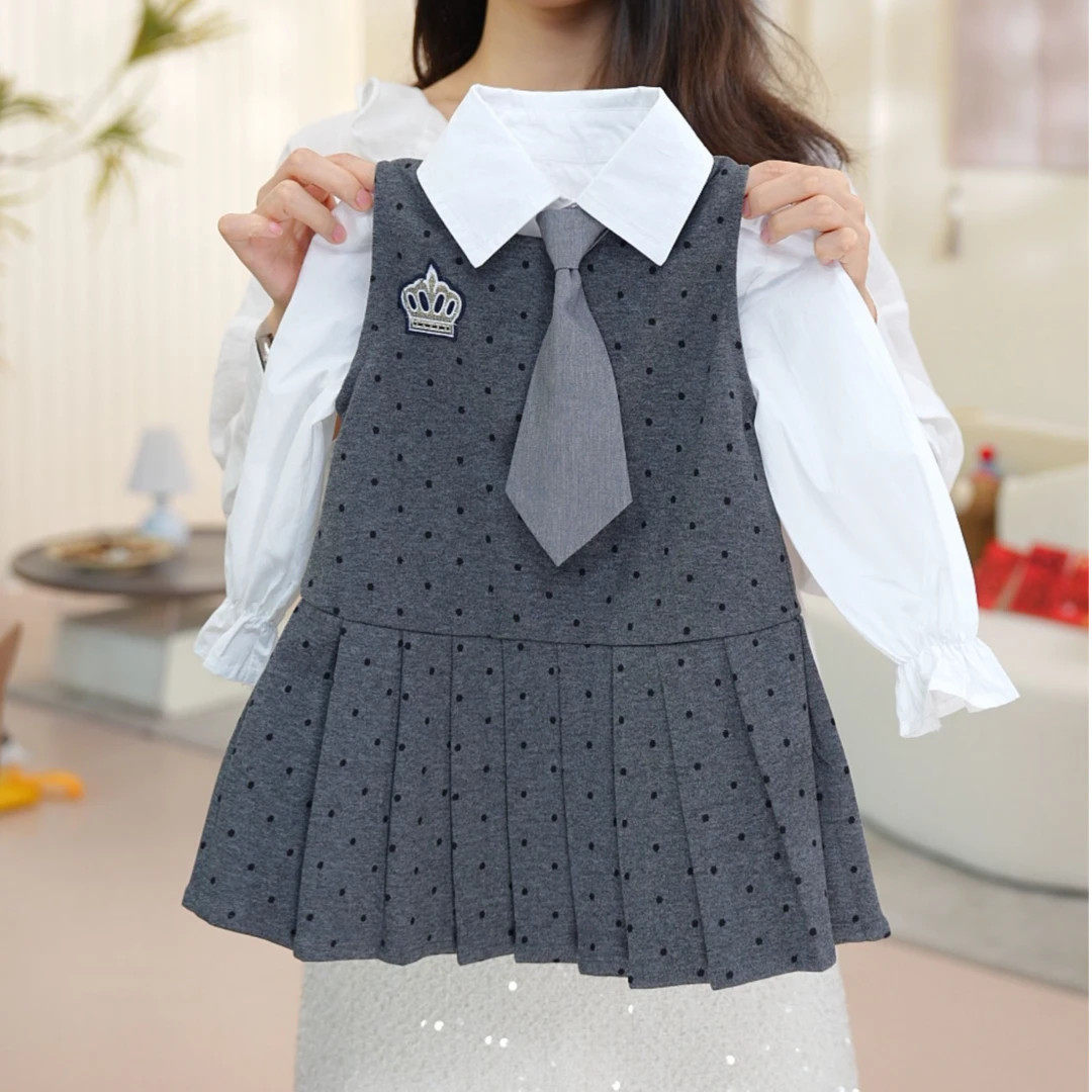 【学院】休闲风女学院风波点条纹常规套装童装无袖针织可爱风X25016