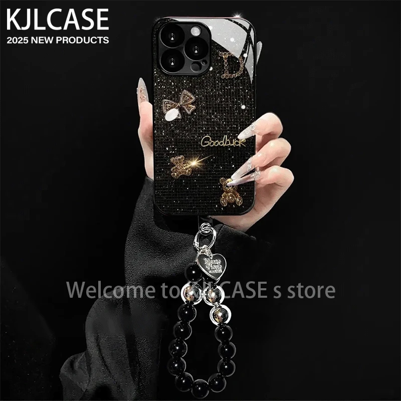 高级电镀玻璃金闪闪格子小熊适用苹果oppo华为vivo小米手链手机壳