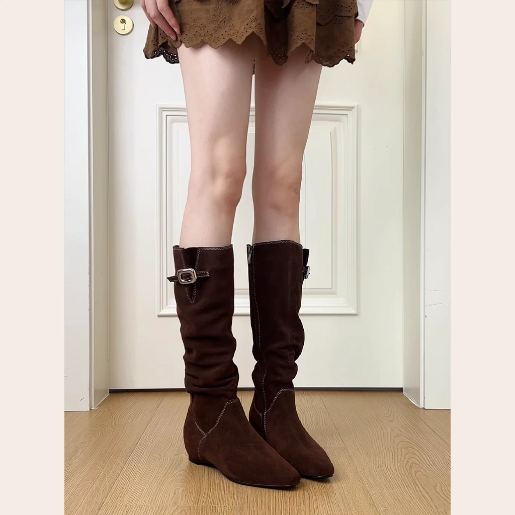 Dannyfrey新款头层牛皮复古金属扣内增高百搭欧美风时装靴堆堆靴