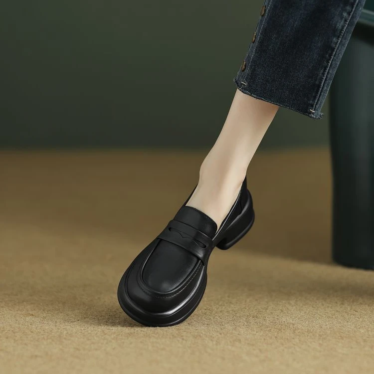 【跟5高端】【尺码34-40】新款英伦风真皮百搭厚底圆头时尚乐福鞋