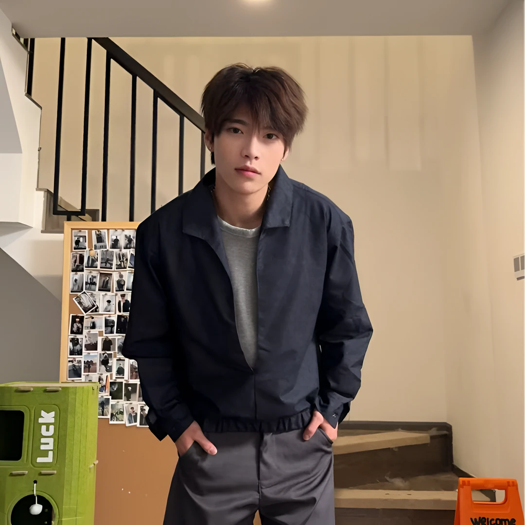 （懒猪）老钱牛仔拼接假两件深V领硬挺长袖衬衫 街头百搭衬衣男