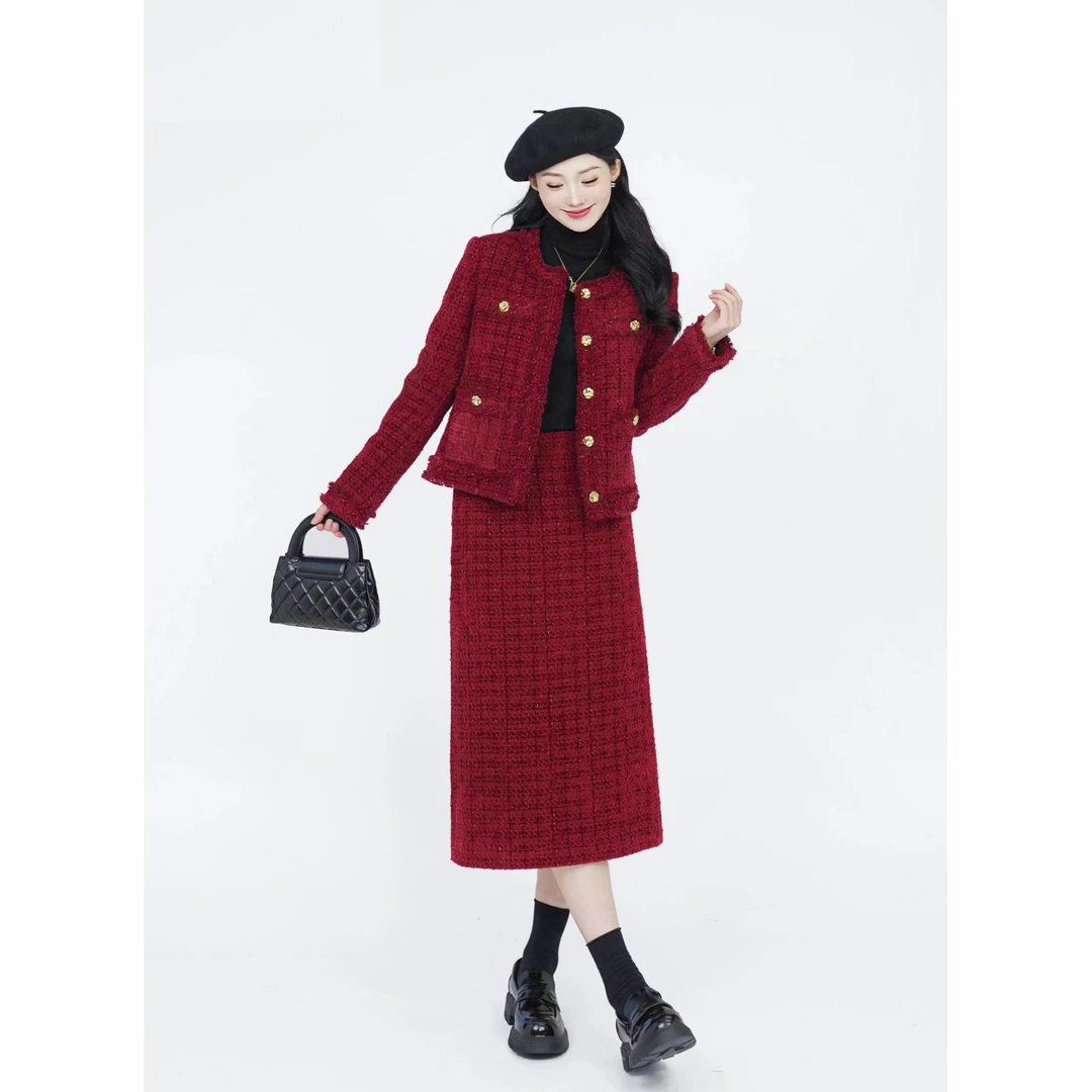 小香风套装女2025秋冬新款气质显瘦短外套半身裙两件套A810273