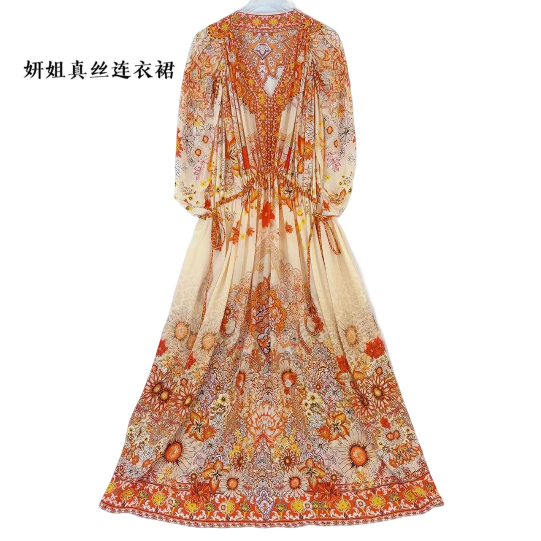 2025妍姐桑蚕丝夏季新款气质百搭轻奢女装长裙优雅橘黄花色 24236
