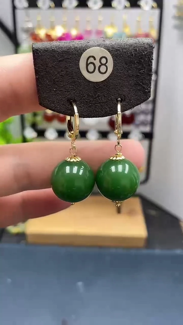 银S925镀金镶嵌和田玉耳饰尺寸16mm耳扣22