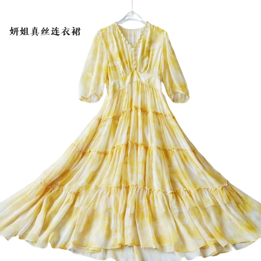 2025妍姐真丝夏新款女士高端走秀气质轻奢真丝连衣裙黄花色 25188