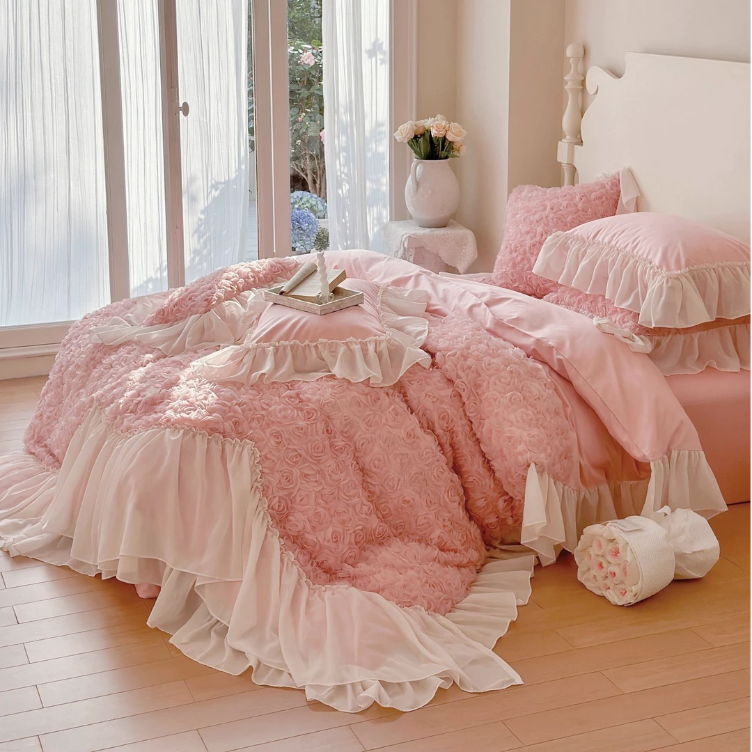 公主风高支全棉床盖款四件套纯棉蕾丝花边被套法式床上用品2030