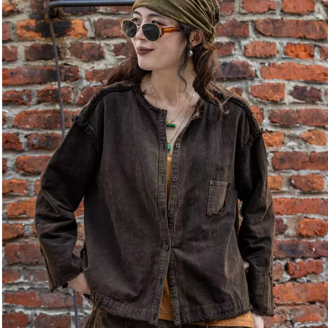 2025秋季新款棉麻混纺外套08539长袖时尚休闲复古宽松水洗