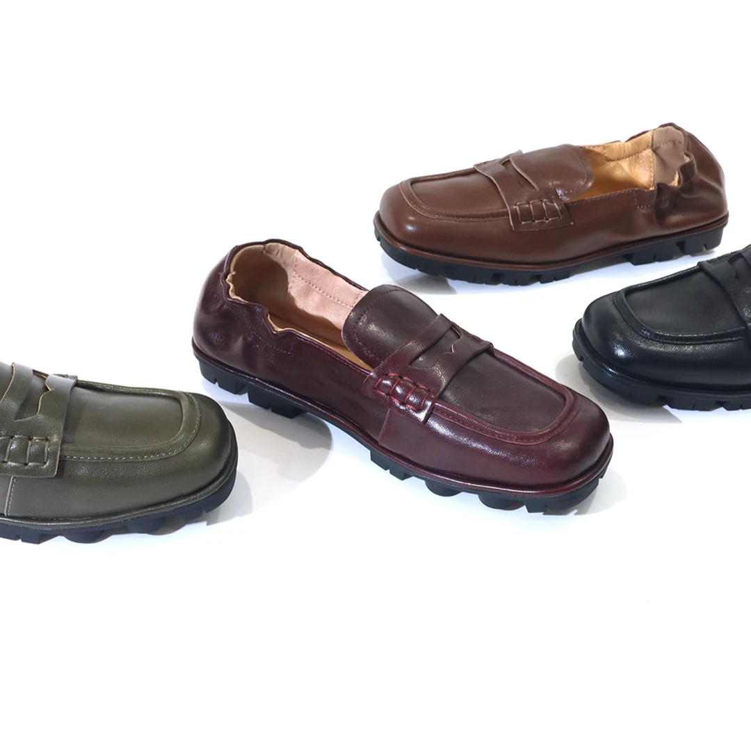 法式简约百搭羊皮方头褶皱手工厚底乐福鞋一脚蹬单鞋皮鞋XC6801-2