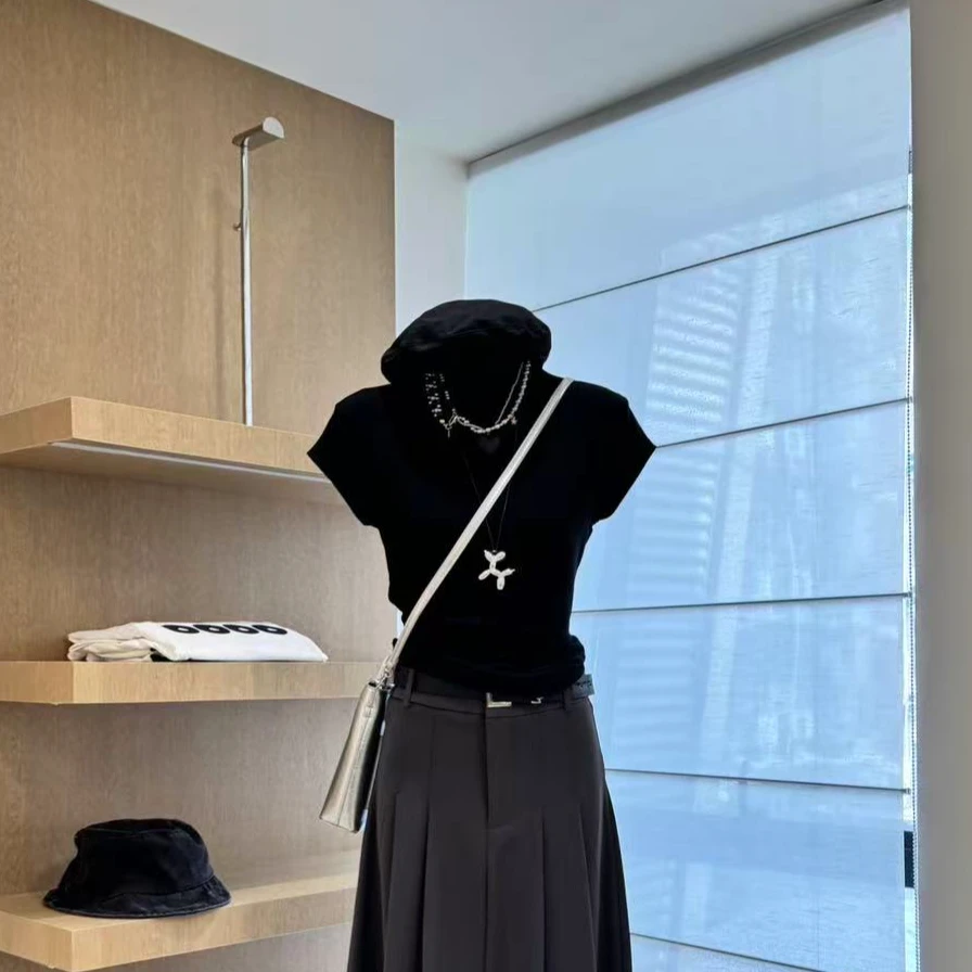 【高智女主】美式甜辣风设计感小众修身显瘦短袖上衣-9688