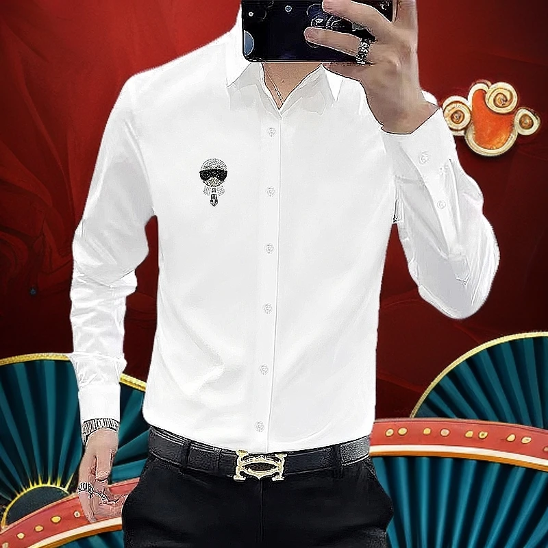 轻奢时尚免烫抗皱男士休闲衬衫长袖秋季商务修身青年烫钻弹力衬衣