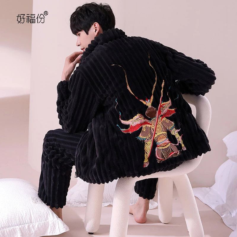 【大圣归来】冬季男士睡衣套装刺绣双面抽条绒保暖家居服-22264