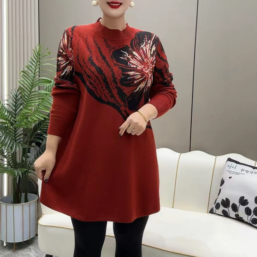 秋季休闲百搭新款显瘦中老年女高级中长款时尚洋气中长款针织毛衣