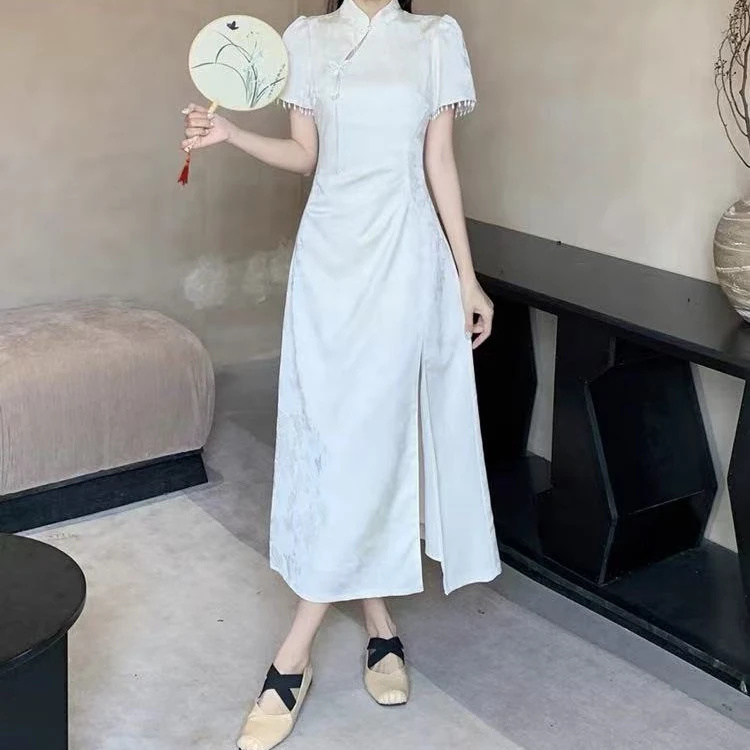 1063-C-暗花国风重工立体蝴蝶流苏新国风大码连衣裙