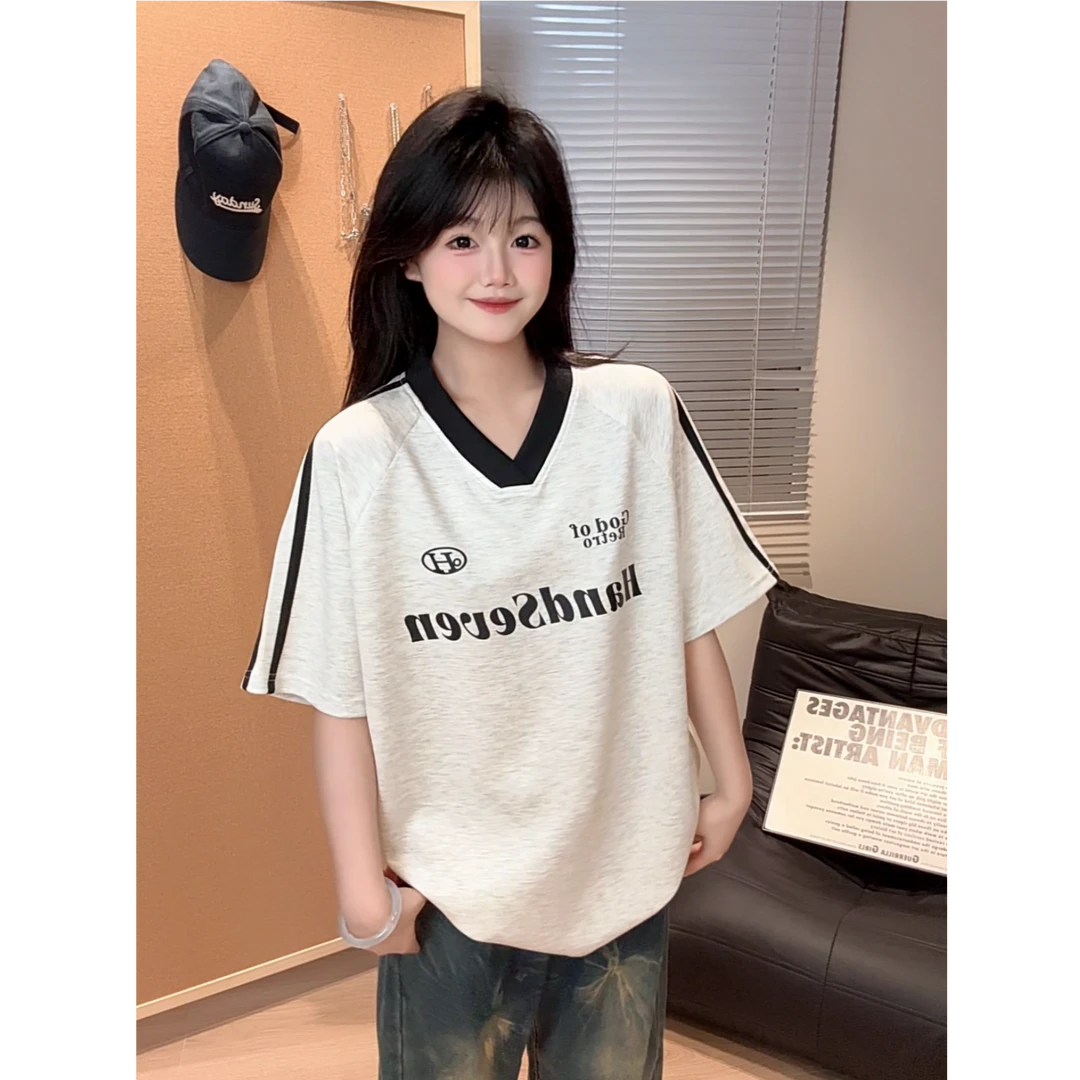 HandSeven夏季重磅V领曼巴短袖T恤休闲宽松潮牌ins风百搭上衣