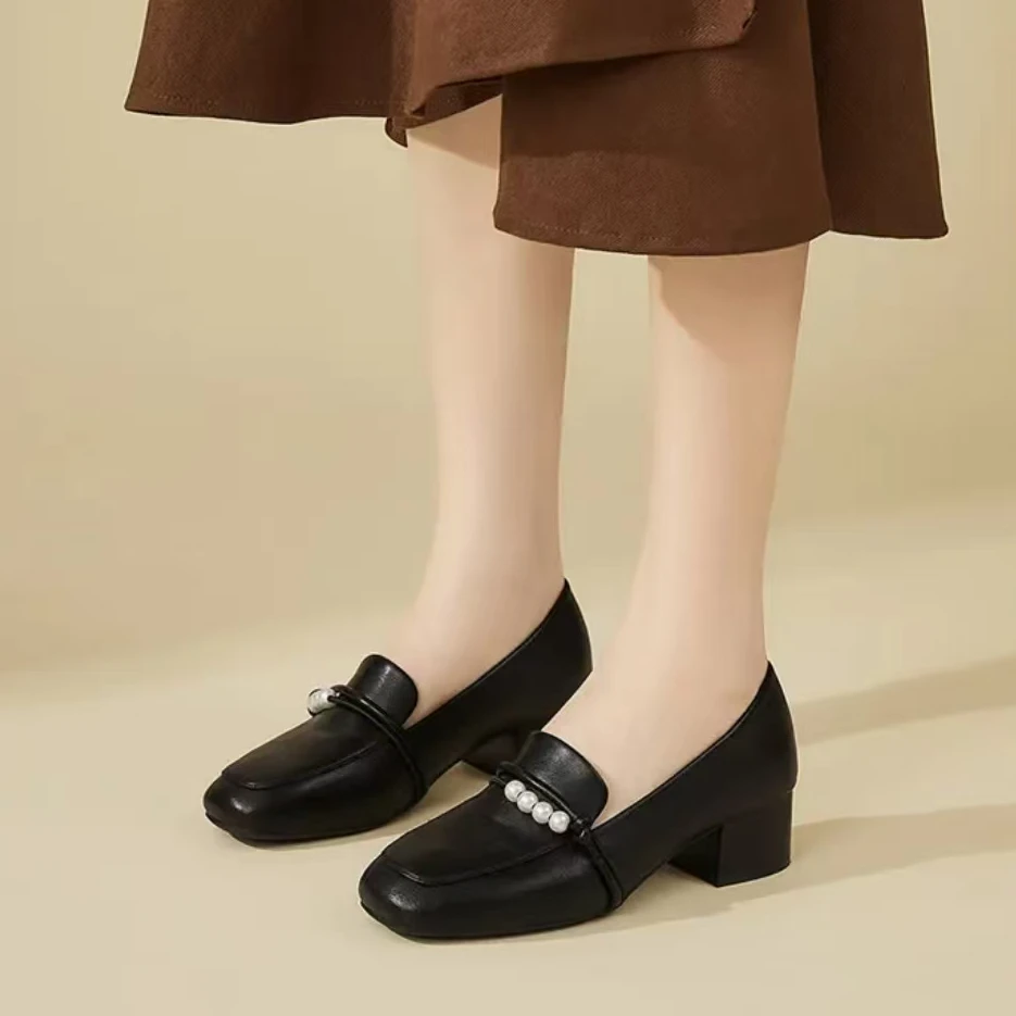 11117 新款法式时尚方头百搭粗跟乐福鞋