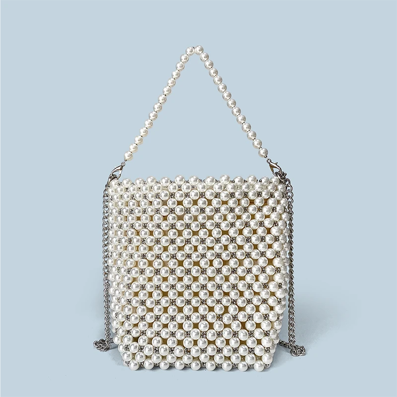 夏季新款手工编织仿珍珠女包白色串珠仙女时尚单肩可斜跨链条包