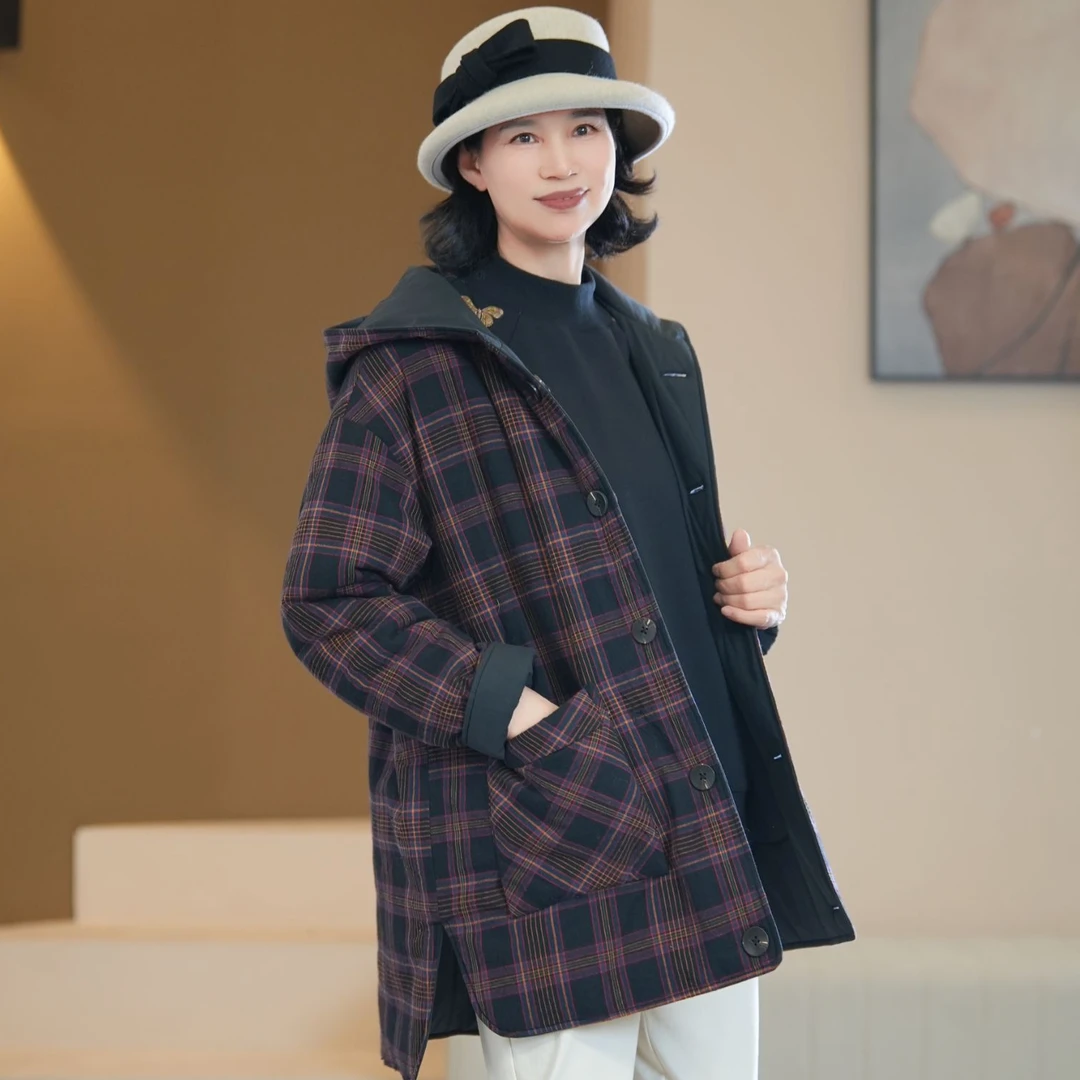 新款双11-双面穿苎麻气质时尚长棉袄秋冬女士保暖棉服25951