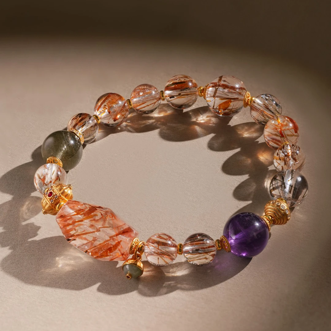 VISING10-11mm天然黑金超七绿幽灵紫水晶设计款多宝水晶手串