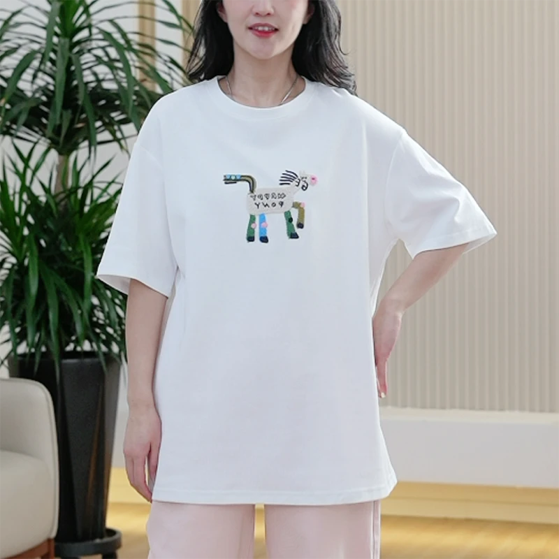 中空拱桥彩绣小马短袖T恤立体灵动宽松大码百搭夏季新款上衣女潮