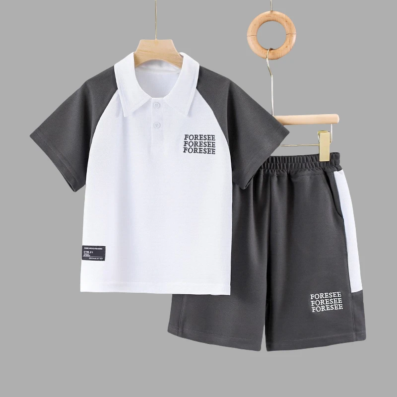 套头卡通风宽松夏季男童常规字母洋气套装t恤男