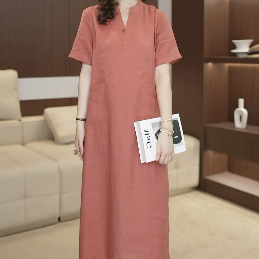 亚麻盘扣文艺复古裙子A版连衣裙中长襟小立领改良旗袍裙夏裙3214