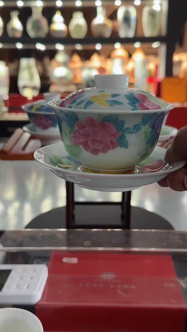 【闪购商品】手绘款元宝三才盖碗花开富贵半手工