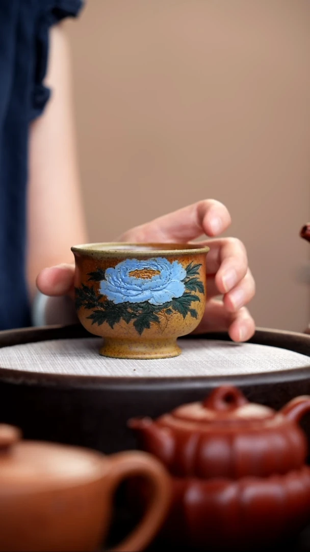 茶壶紫砂柴烧蓝牡丹大缸杯