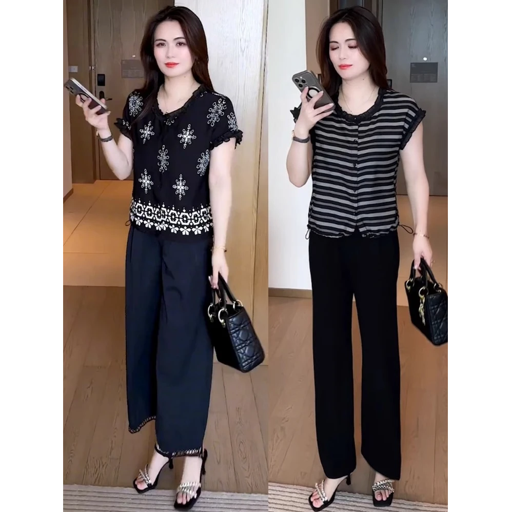 时尚拼接花边衬衫女士夏季新款洋气印花短袖T恤衫小个子减龄上衣