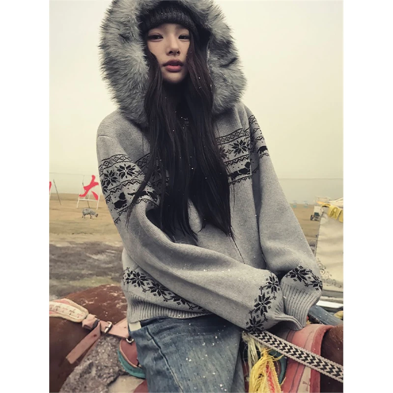 费尔岛毛衣外套女秋冬新款双拉链毛领针织开衫慵懒风宽松美式上衣