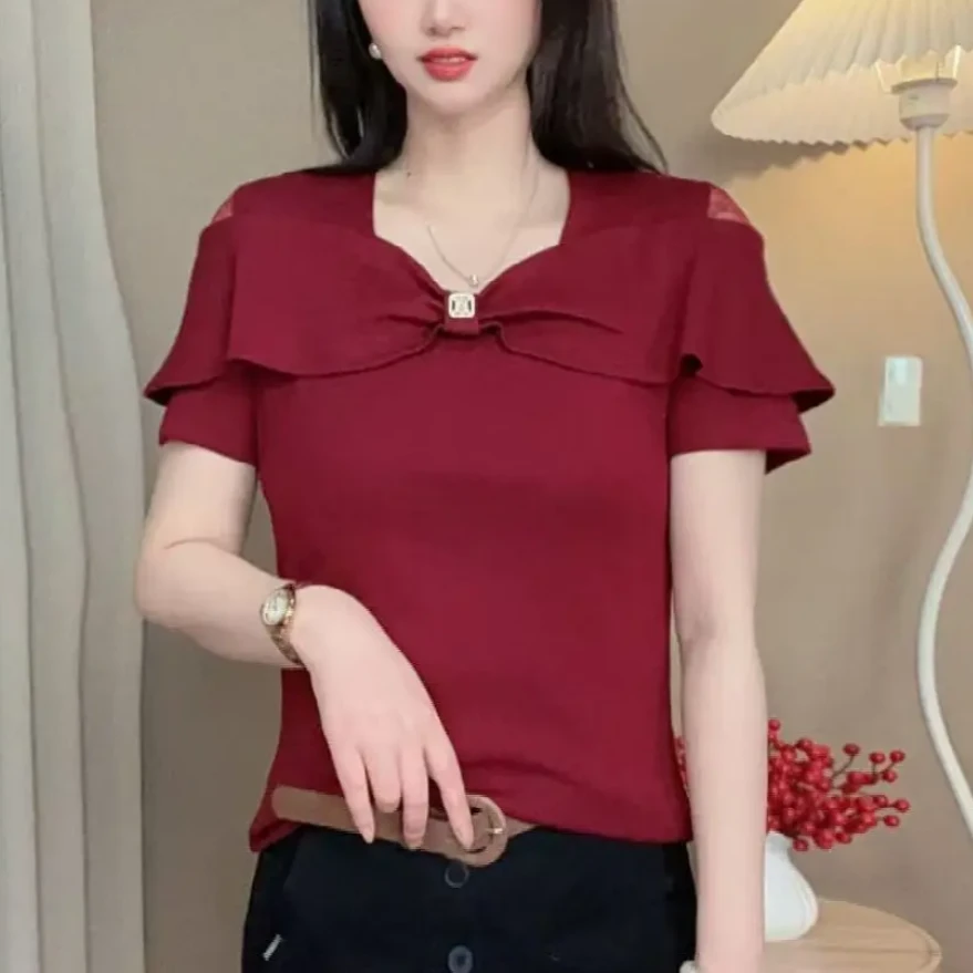 夏季新款时尚洋气设计感烫钻短袖T恤显瘦减龄休闲花边气质上衣女