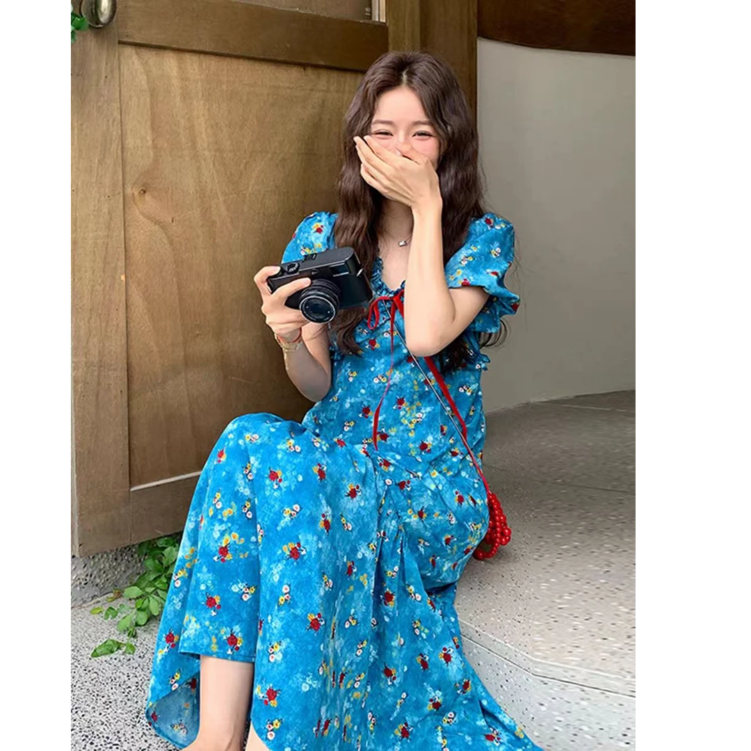 扎染V领系带碎花连衣裙