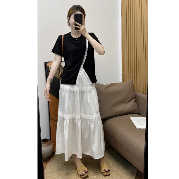 Sunshin 落日剪影 时尚夏季女生气质设计感拼接蕾丝边T恤