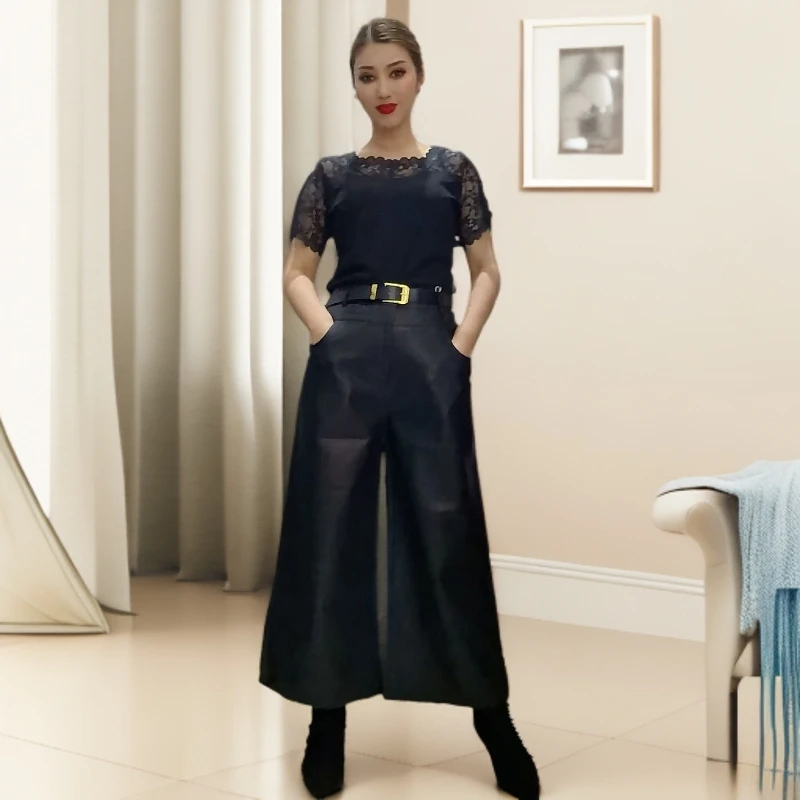 女款九分黑色显瘦阔腿皮裤