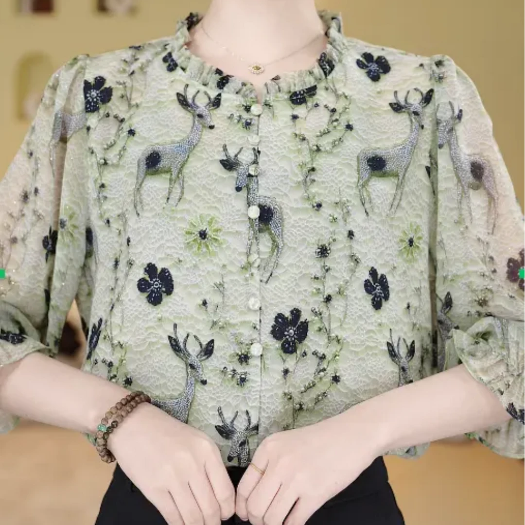 X2025新款专柜贵妇人气质青色小衫