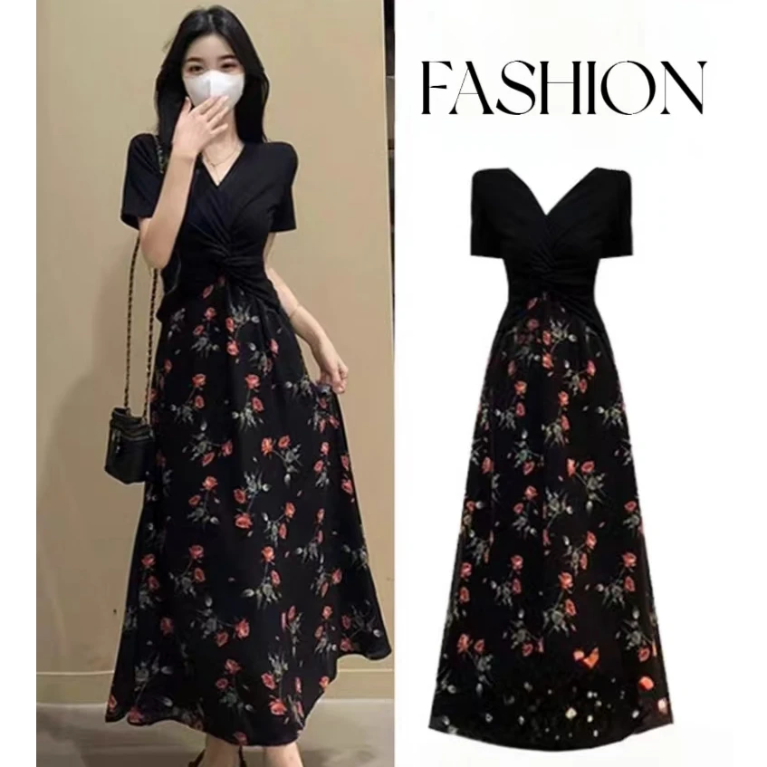 大码夏装新款茶歇法式黑色碎花假两件连衣裙胖mm收腰显瘦长裙1533