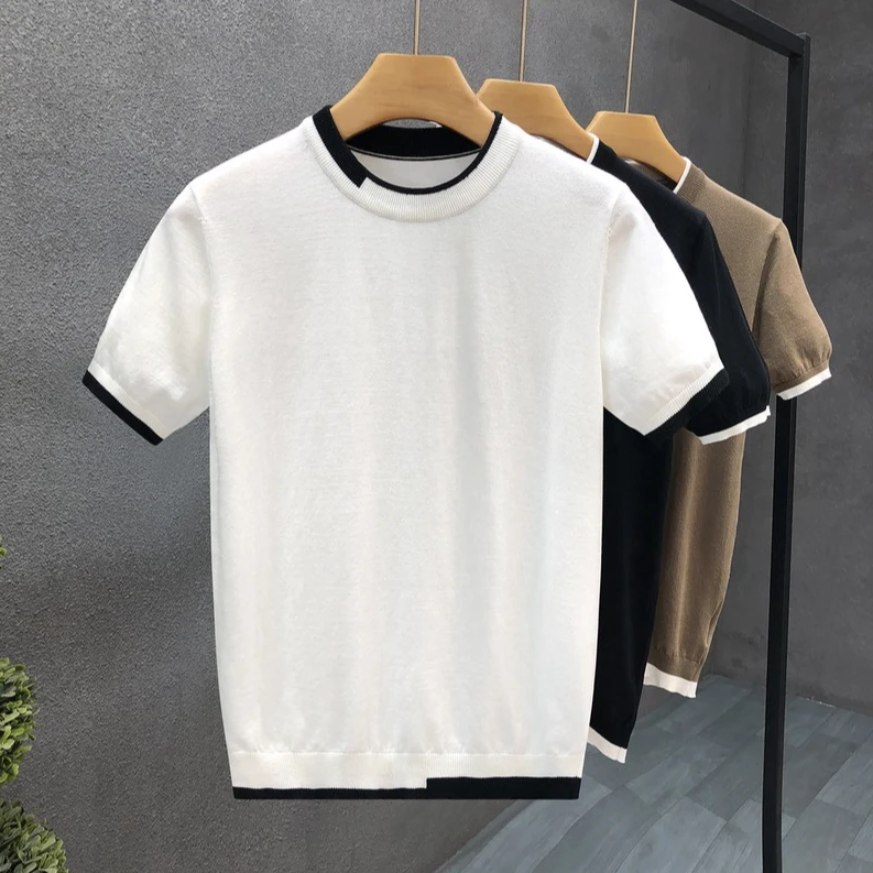 DeweLvum新款百搭修身针织短袖毛衣男潮薄款男士休闲半袖上衣男装