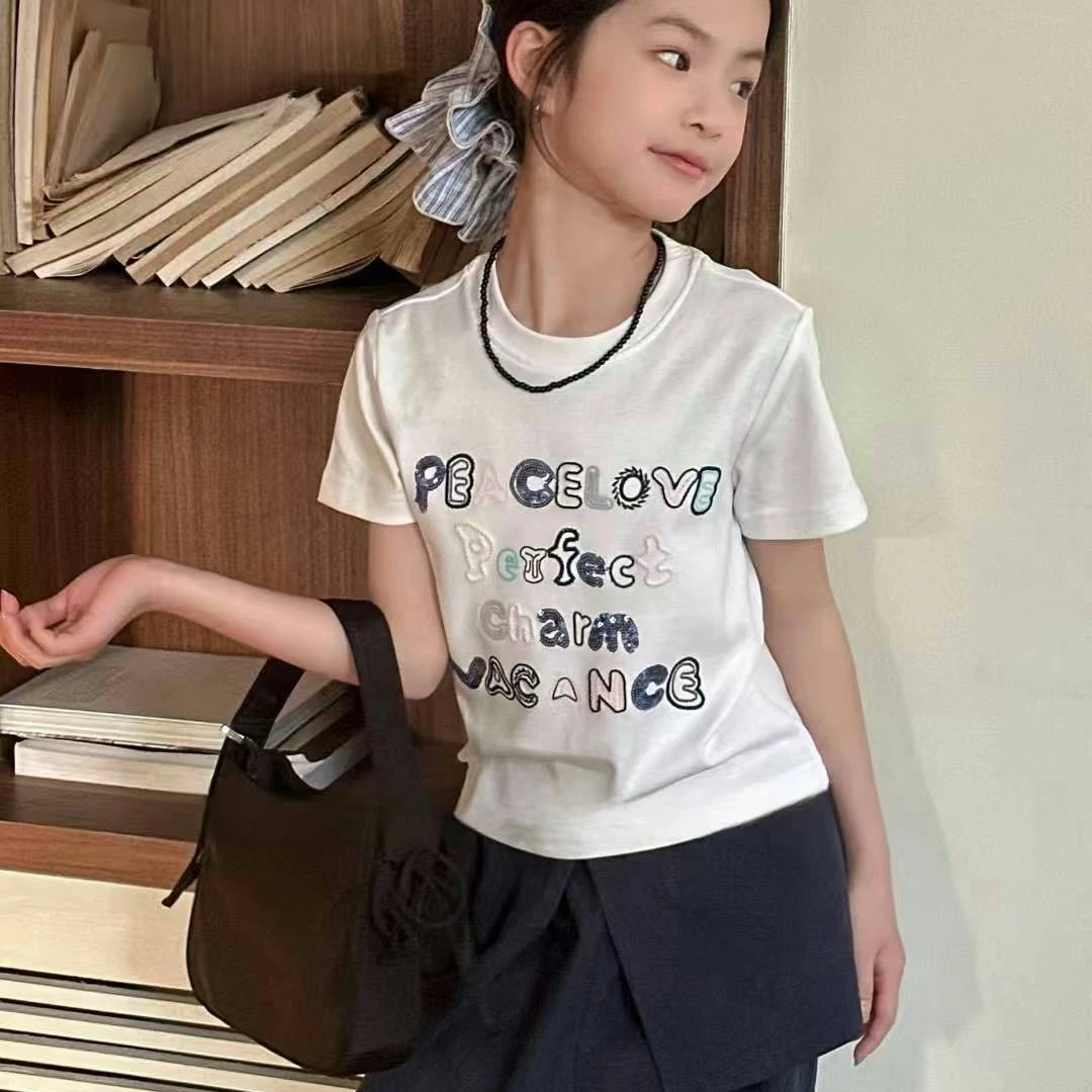 【苏舒童装】2025夏季女童设计感重工艺刺绣字母百搭短袖T恤25959