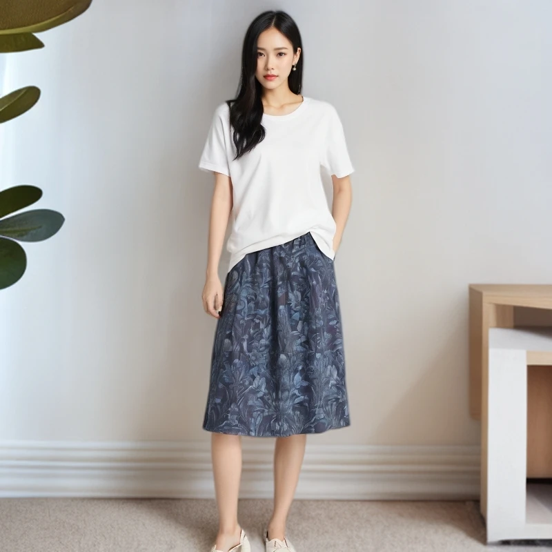 夏季洋气显瘦鸢尾花天丝亚麻印花半身花苞裙