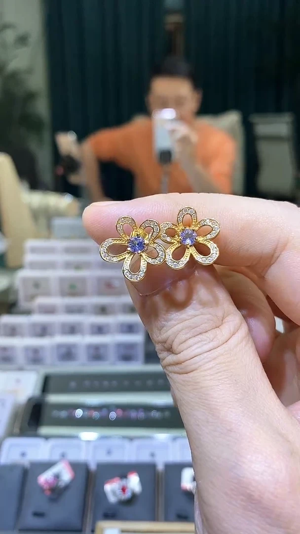 银S925镶嵌耳饰坦桑石天然坦桑石耳钉