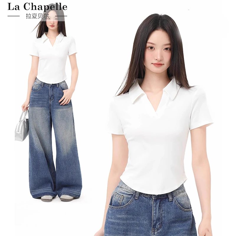 拉夏贝尔白色短款翻领polo衫t恤女夏季正肩v领修身短袖上衣2025新