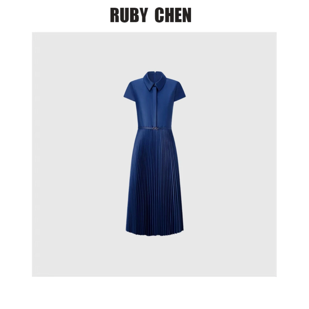 TrumAcme~优雅气质高级感衬衫领拼接百褶设计感连衣裙